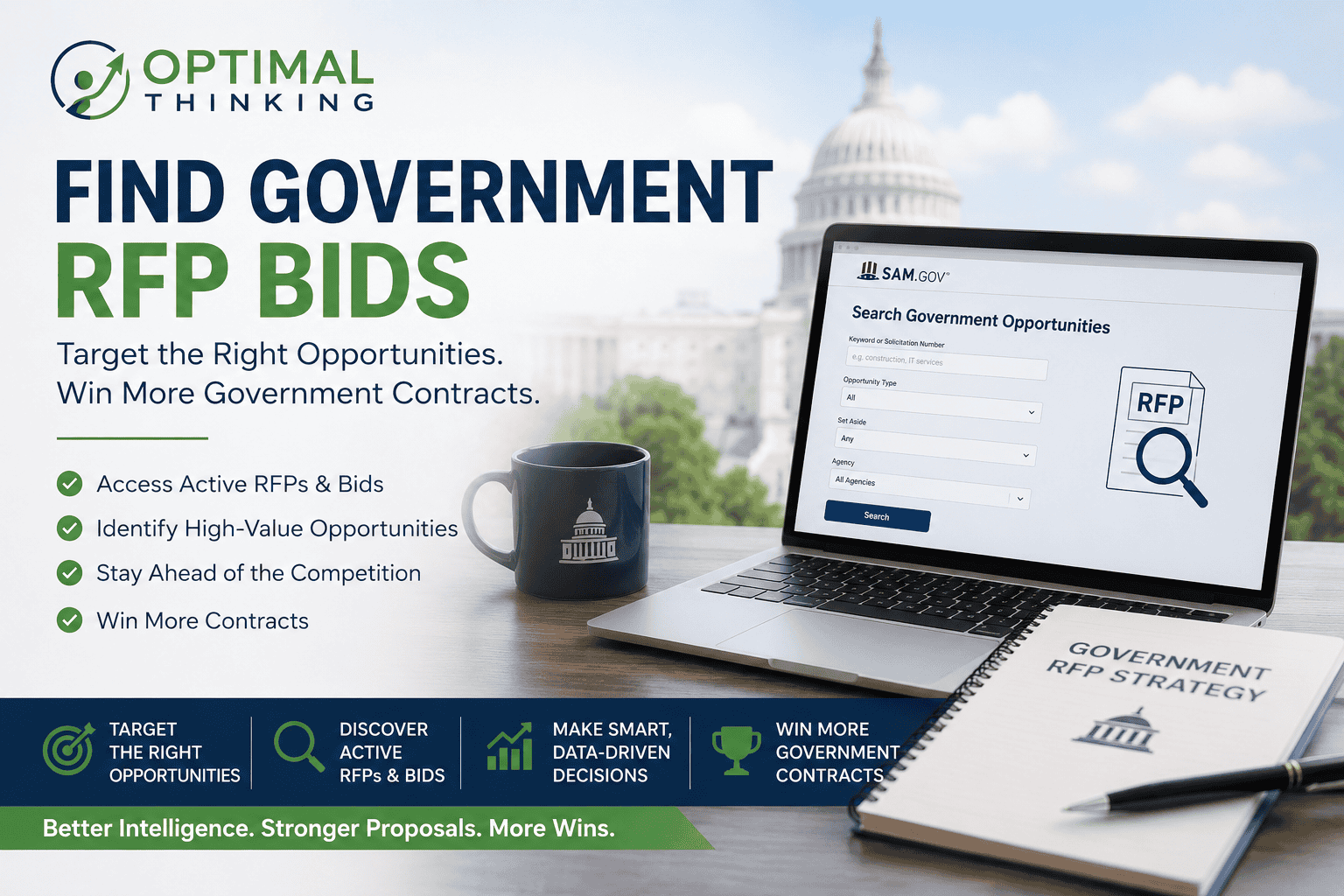 Laptop displaying government RFP search platform with Capitol building in background.
